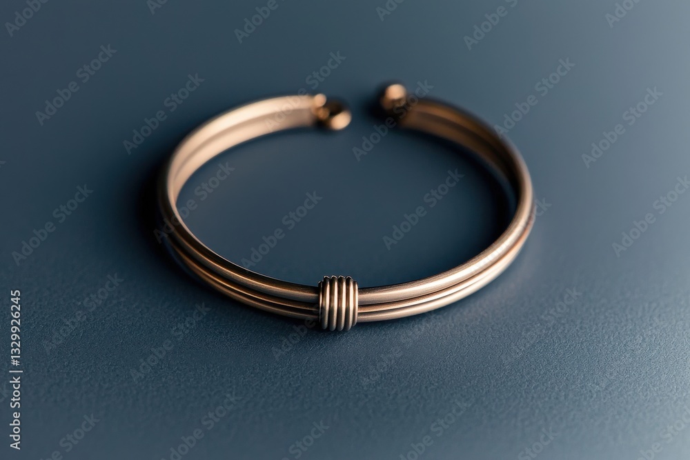 Poster elegant gold toned open bangle bracelet resting on a textured blue surface, showcasing its minimalis