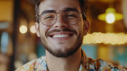 Obraz premium Close up shot of cheerful satisfied attractive male with stubble, has broad smile, wears round spectacles, rejoices success at work, stands against cozy interior. Fashionable designer glad be praised