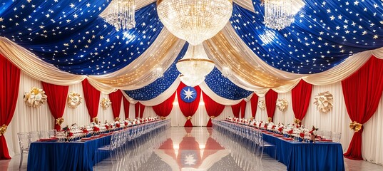 Elegant banquet hall decorated with patriotic colors and chandeliers