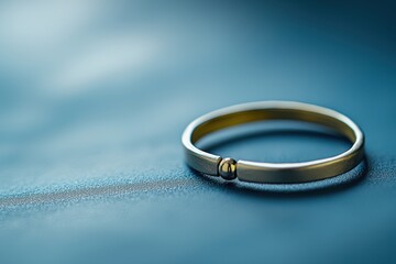 A delicate gold ring with minimalist design, featuring a small golden sphere, rests on a textured blue surface, showcasing elegance and simplicity in detail.