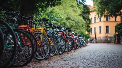 Obraz premium A row of parked bicycles in an urban bike-sharing station