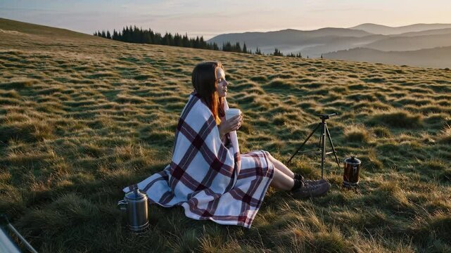 Young woman enjoys moment of peace on scenic hiking rest stop, sipping hot tea while wrapped in cozy blanket. Tranquility and stillness of nature. Relaxation, adventure, and self-reflection in hiking