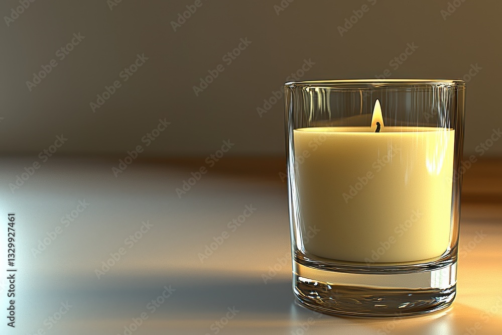 Poster burning candle in glass container emitting a warm, inviting glow in a tranquil setting, ideal for cr