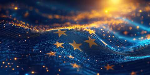 Waving flag features glowing stars illuminated by glittering digital particles in blue