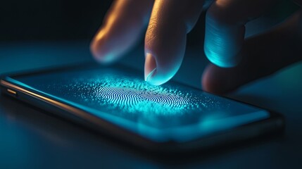 A close-up of a hand scanning a fingerprint on a smartphone screen for biometric authentication. Soft lighting, sleek background, realistic details, copyspace for cybersecurity themes.