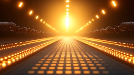 Illuminated Futuristic Pathway with Robotic Arms and Bright Orange Lights