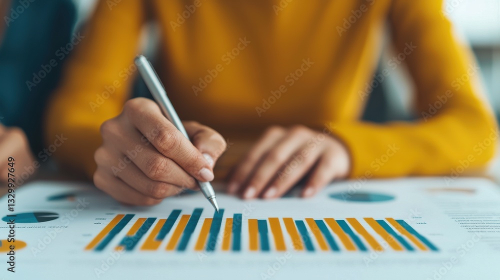 Poster a person analyzes data on a graph while holding a pen, showcasing an engaging work environment focus