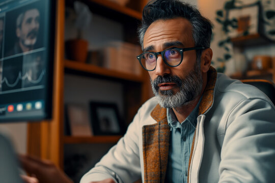 Focused middle-aged Hispanic man working on a computer, analyzing data in a cozy home office setting.
