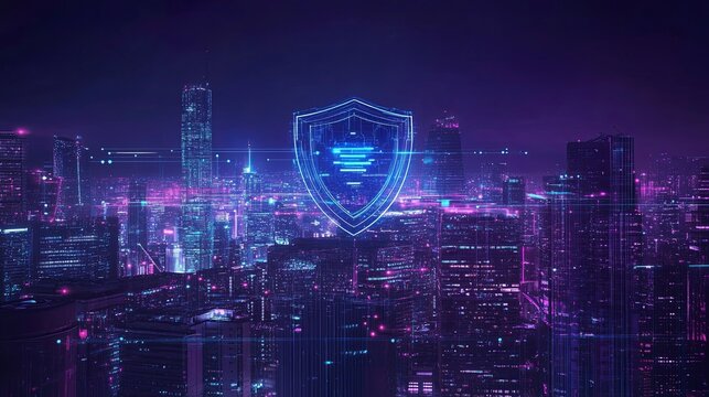 A glowing digital shield hovers above a futuristic city skyline at night, protecting flowing data streams represented by neon light trails. Cyberpunk aesthetic with deep blue and purple tones