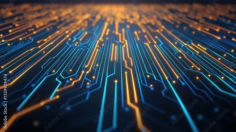 Poster an abstract image showcasing a vibrant electronic circuit pattern with blue and orange lines, evokin