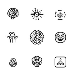 Minimalist line art brain and neural network icons set for artificial intelligence, neuroscience, and mental health concepts
