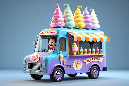 A whimsical ice cream truck labeled 'Ice Cream' with colorful cones and a cheerful driver, captures the joy and nostalgia of a classic summer treat experience