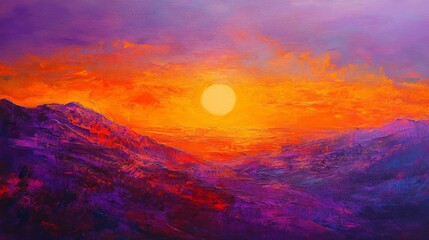 Fototapeta premium Vibrant Sunset Over Purple Mountains Painting