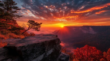 Fototapeta premium Vibrant Autumn Sunset Over a Misty Canyon