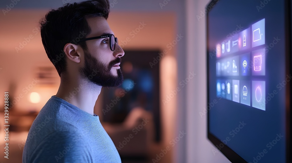 Poster man adjusting smart home control panel, optimizing lighting and security settings in modern house