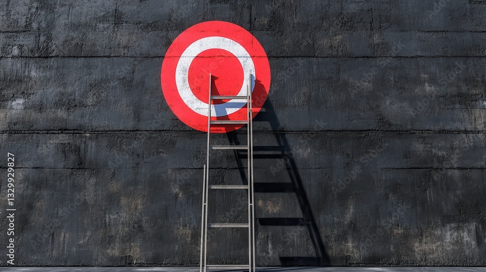 Poster red target with many ladders on black concrete wall. business and challenge concept. mock up, 3d ren