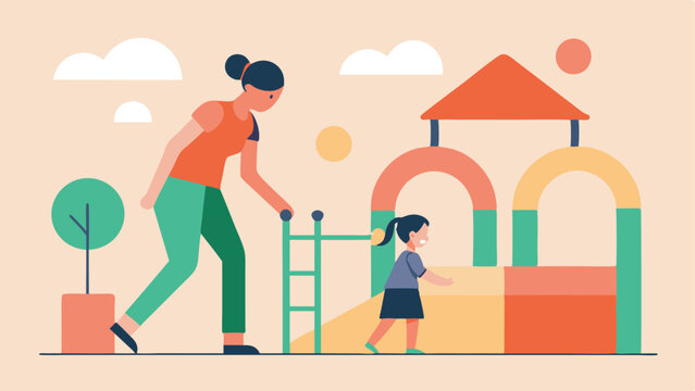 Joyful Mother and Toddler at Modern Playground: A Happy Mother's Day Celebration. Flat Color Illustration Perfect for cards, websites, blogs, and social media posts celebrating    