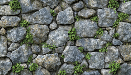 Obraz premium Close-up of an ancient stone wall with varied stones and vibrant green vines, showcasing its intricate details and character