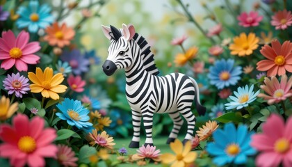 Naklejka premium Adorable Cartoon Zebra in Vibrant Flower Garden Peaceful Nature Scene