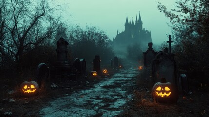 Spooky Halloween night with glowing jack-o-lanterns lining a misty graveyard path leading to a haunted castle.