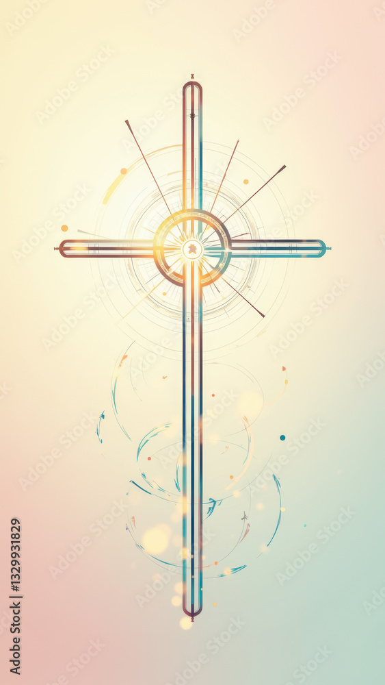 Poster christian symbol with a modern design featuring a cross and rays of light.