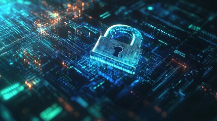 A high-tech padlock floats in digital environment, flowing encrypted data streams in bright blue green tones. Futuristic interface elements, sleek, professional cybersecurity advertisement copyspace