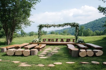 An outdoor wedding venue with wood seating and floral arch