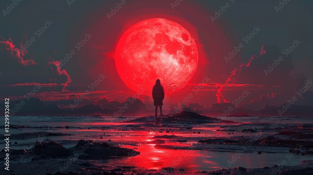 Poster a captivating minimalist scene featuring a striking red moon hovering over a tranquil seascape, crea