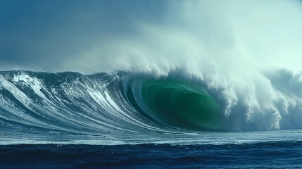 Naklejka premium Majestic ocean wave crashing against the shore under a dramatic sky