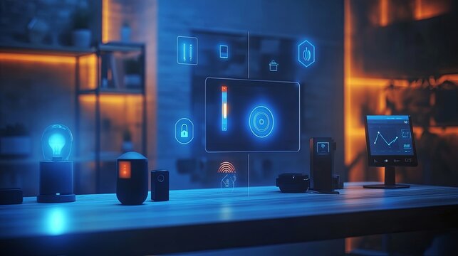 A modern smart home setup with interconnected devices, including a thermostat, security cameras, and smart speakers, all linked to a central security hub. Futuristic UI elements with glowing indicator