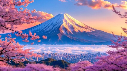 Stunning view of mount fuji with cherry blossoms