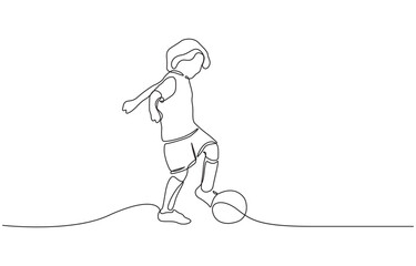 Kid young boy playing soccer football sport lifestyle line art, A kid playing football one continuous line drawing vector illustration isolated on white background. Minimalist design concept.