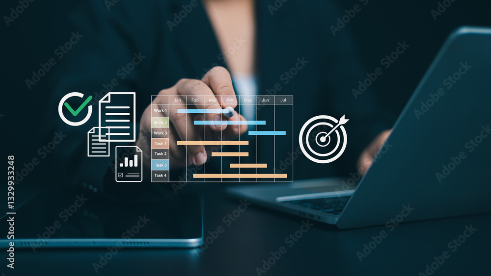Poster project management tool and work schedule concept, planning software, businessman use laptop to mana