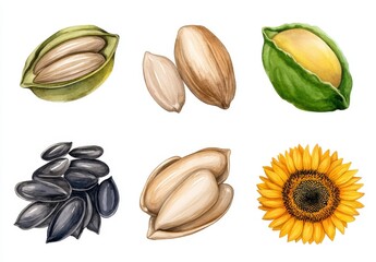Fototapeta premium Watercolor Sunflower Seeds Closeup View of Flower and Shelled Seeds