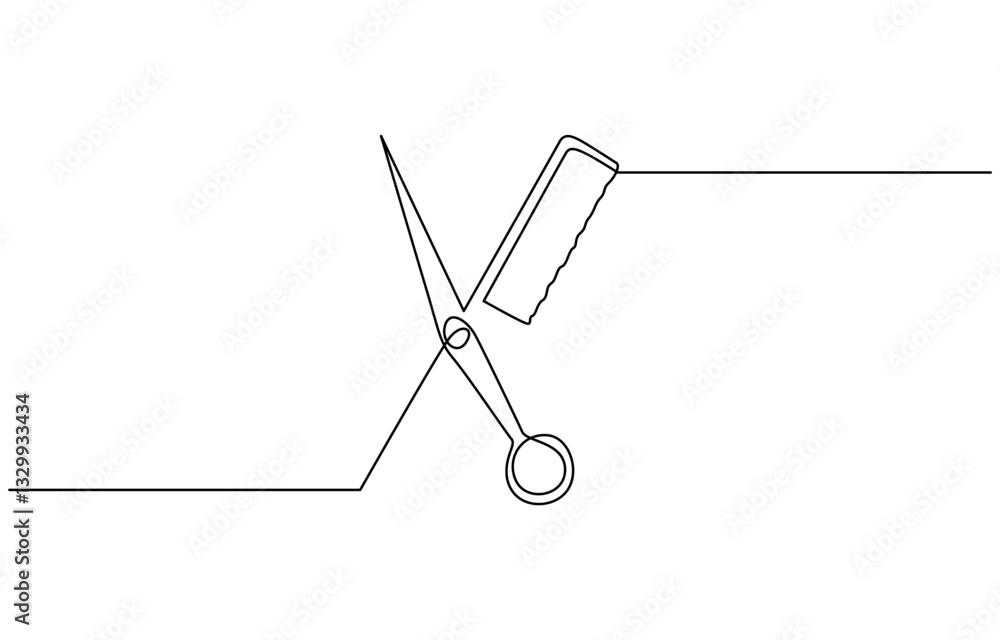 Poster scissor and comb continuous one line drawing vector illustration, set of scissors and comb one line 