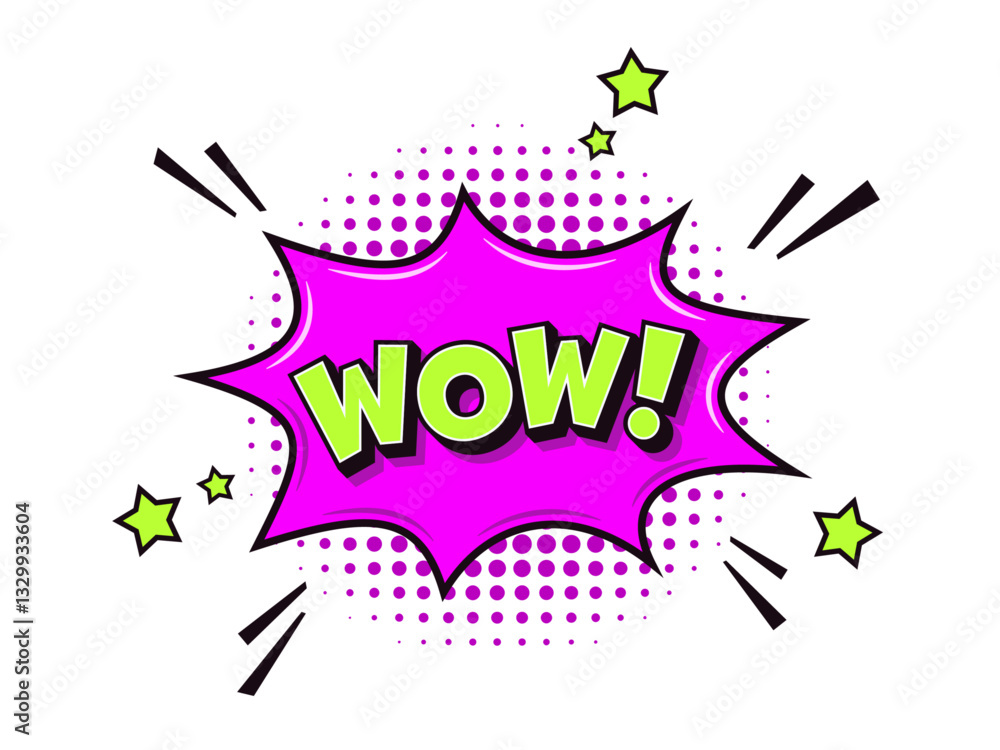 Aufkleber comic speech bubble or burst ballon with wow exclamation in front of halftone dots pattern backgroun