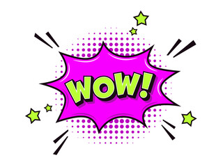 Comic speech bubble or burst ballon with wow exclamation in front of halftone dots pattern background with stars and quotation marks. Isolated vector illustration.