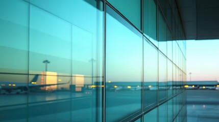 Obraz premium A close-up of modern airport architecture reflecting a tranquil twilight sky.