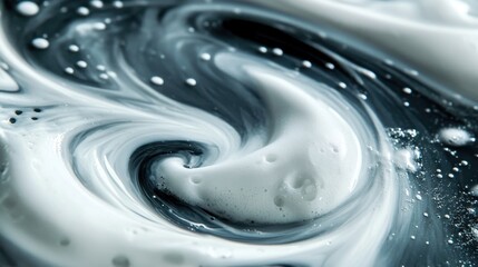 Close-up of swirling white cream mixed with dark liquid, creating an artistic abstract pattern.