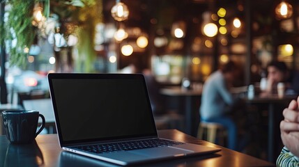 Fototapeta premium A person in a modern café working online, using a privacy screen on a laptop, freelance, Over-the-shoulder perspective, blurred background, professional lighting, copyspace for cybersecurity concepts