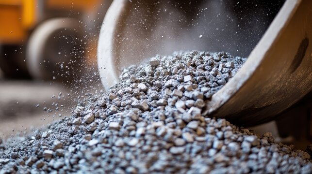 A close-up view of gravel pouring from a concrete mixer, capturing the dust and texture of the material.