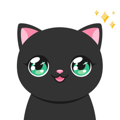 Cute black cat in anime style. Cute anime cat with big green eyes with sparkles. Vector illustration