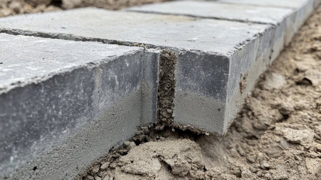 Close-up of newly laid gray concrete pavers forming a pathway on unlevel soil.