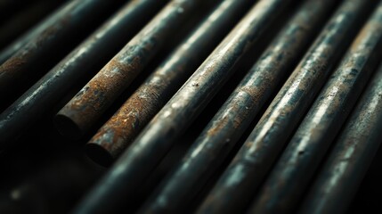 Close-up of weathered metal pipes with rust, creating a gritty industrial aesthetic.