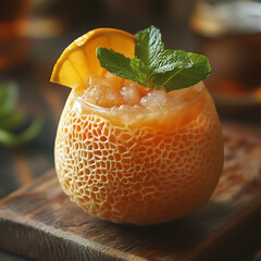 Fresh orange with mint on a wooden table