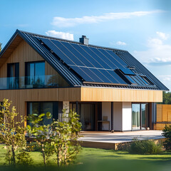 Solar panels on a house roof generating renewable energy