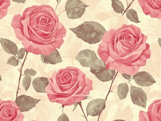 Repetitive rose seamless pattern, monochromatic pastel pink and beige background 