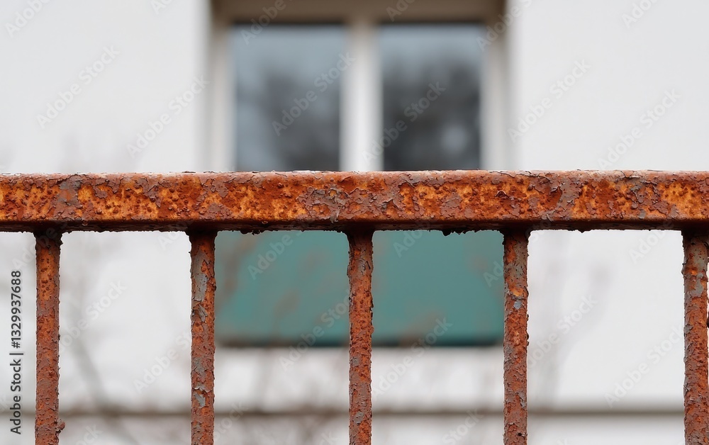 Poster close up of a rusty metal railing with a blurred white building and window in the background