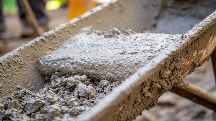 Close-up of a wheelbarrow filled with fresh wet concrete, showcasing its wet texture and color.