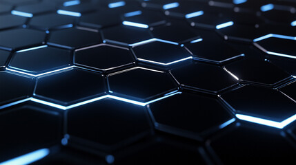 Fototapeta premium Futuristic hexagonal grid with glowing blue neon edges, high-tech abstract background 